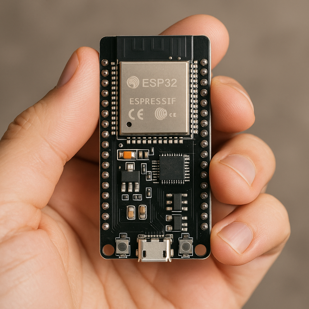 Mão com placa ESP32 automação e IoT Mão segurando uma placa ESP32, representando tecnologia e automação IoT.