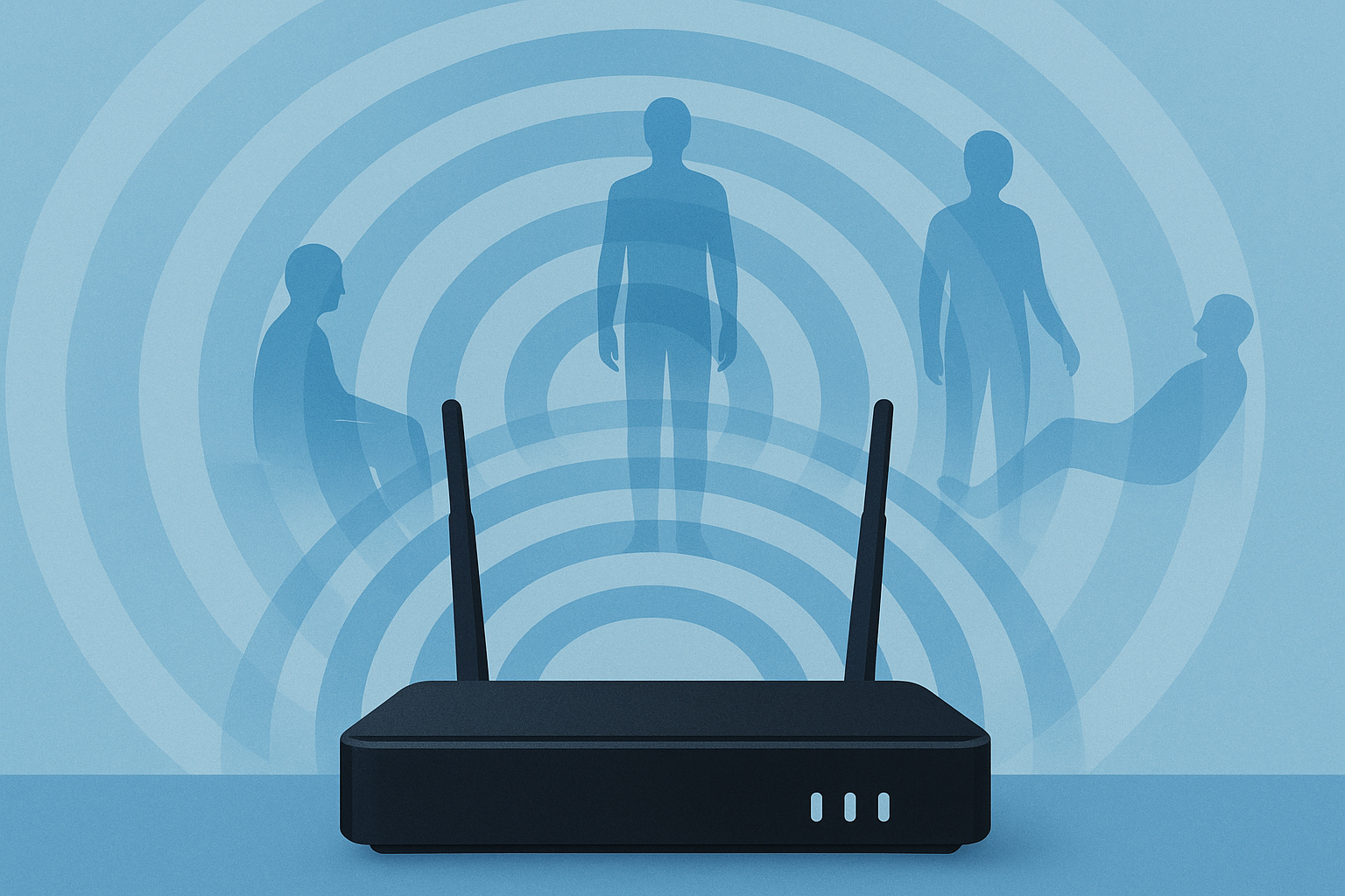 Roteador Wi-Fi emitindo ondas detectando silhuetas humanas dentro de uma casa, representando tecnologia de Wi-Fi Sensing.