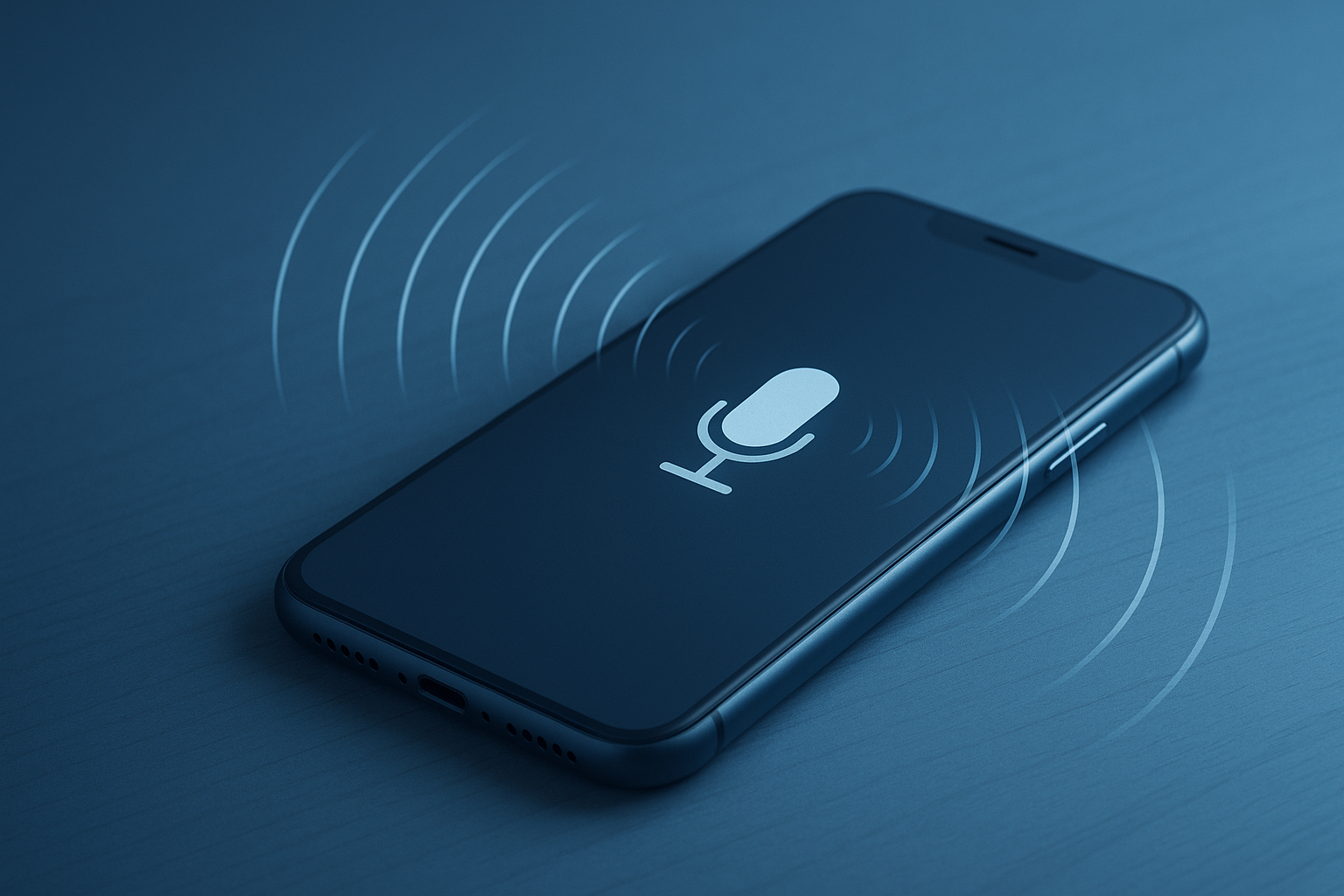 Smartphone com ícone de microfone sobre fundo azul, representando inteligência artificial e comunicação por voz.