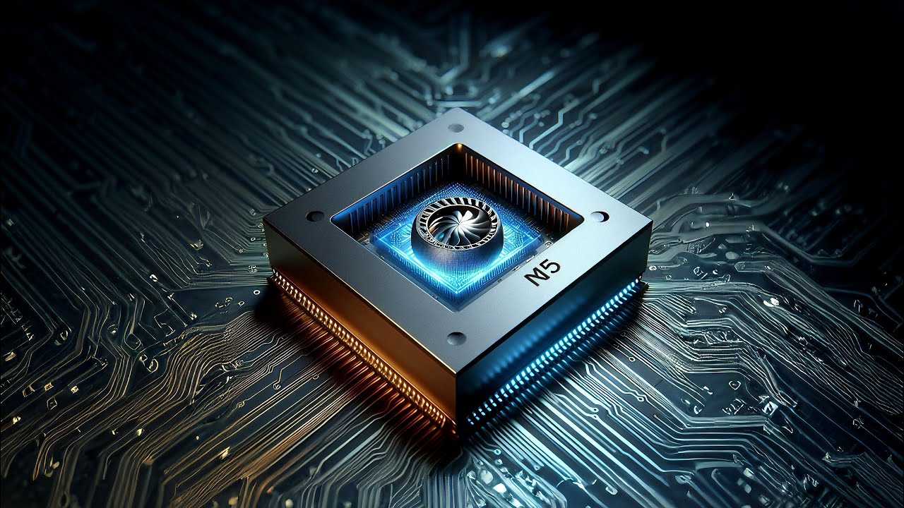 Chip Apple M5 – Arquitetura com foco em Inteligência Artificial Chip Apple M5 em destaque com iluminação azul representando aceleração de Inteligência Artificial