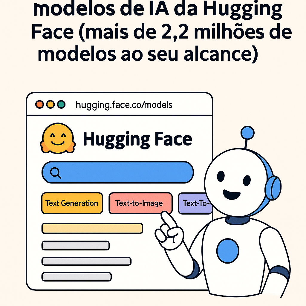 Ilustração digital representando modelos de inteligência artificial da Hugging Face, com ícones de IA, tecnologia e automação, usada como imagem de capa de um artigo explicativo.