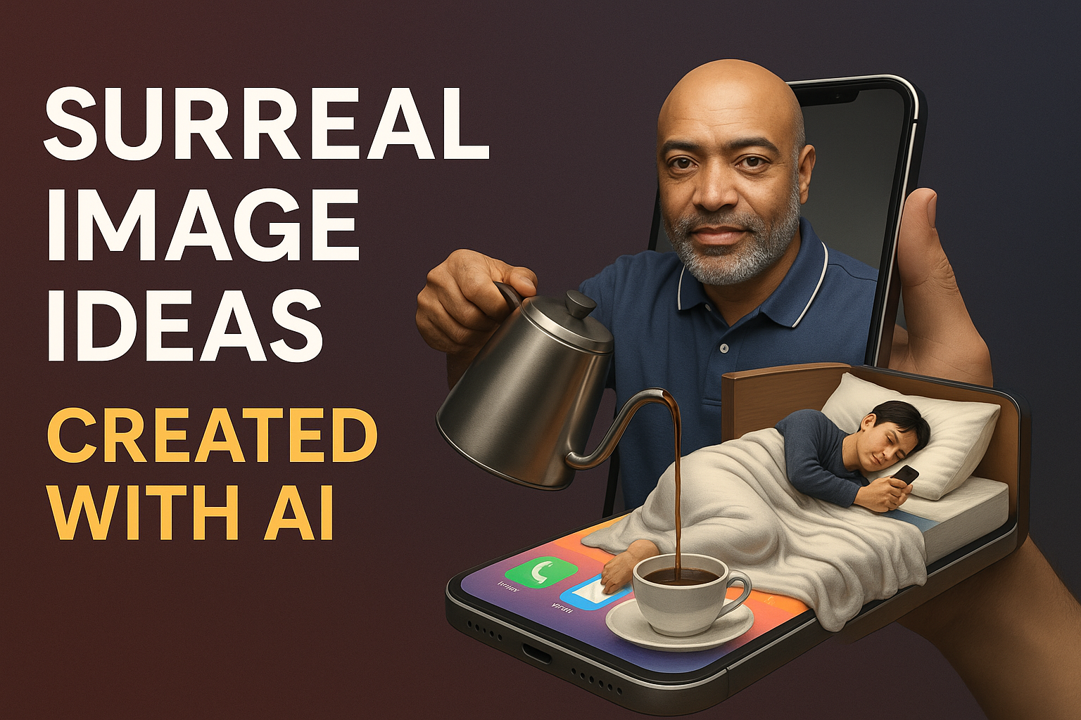 Thumbnail com duas imagens surreais criadas por IA, mostrando uma pessoa saindo da tela do celular servindo café e outra dormindo em cima de um smartphone gigante.